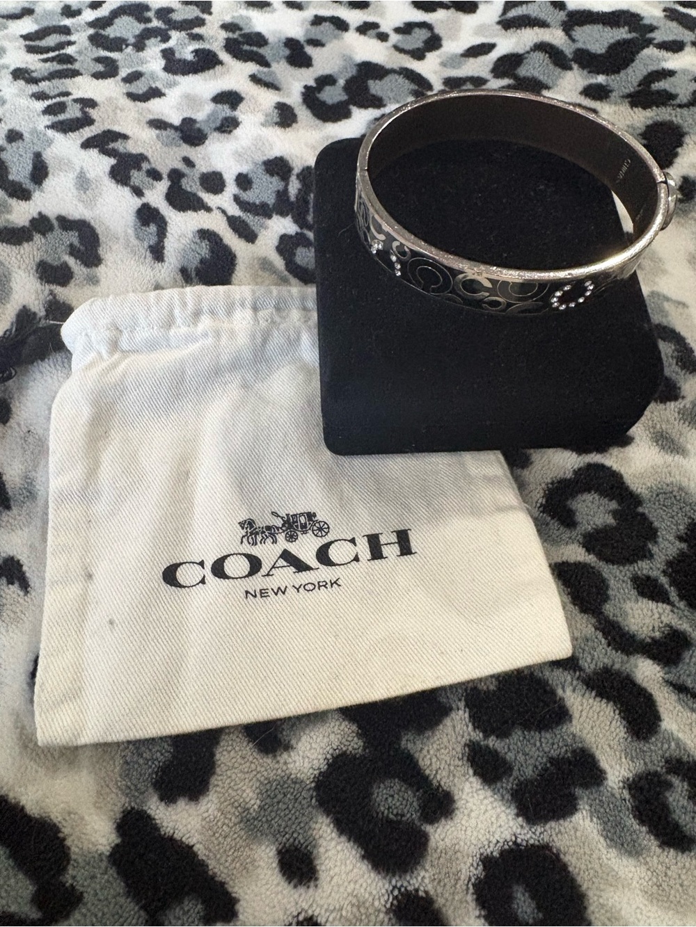COACH Silver & Black with Inlaid Sparkles Signature Enamel Bangle Bracelet